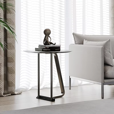 Modern Living Room Side Table With Round Top Black Frame And Books Near Sofa 3d model