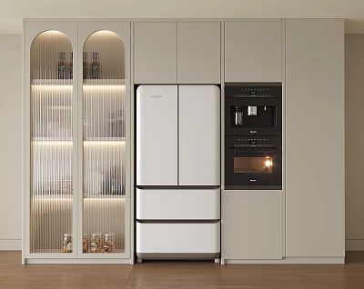 Beige Kitchen Decorative Cabinet With Glass Door LED Lighting Wine Bottles Coffee Machine And Oven 3d model