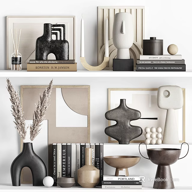 Modern Minimalist Decorative Ornament Set With Abstract Sculptures Vases Books Dried Plants And Geometric Frames 3d model 