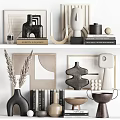 Modern Minimalist Decorative Ornament Set With Abstract Sculptures Vases Books Dried Plants And Geometric Frames