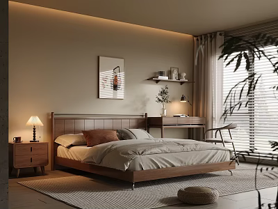 Warm Modern Bedroom Interior With Wooden Bed Nightstand Lamp And Wall Art 3d model