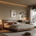 Warm Modern Bedroom Interior With Wooden Bed Nightstand Lamp And Wall Art
