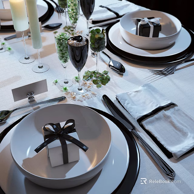 Elegant Dinnerware Set With White Plates Black Rim Champagne Glasses Napkins Gift Boxes And Decor 3d model 