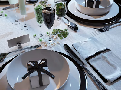 Elegant Dinnerware Set With White Plates Black Rim Champagne Glasses Napkins Gift Boxes And Decor 3d model