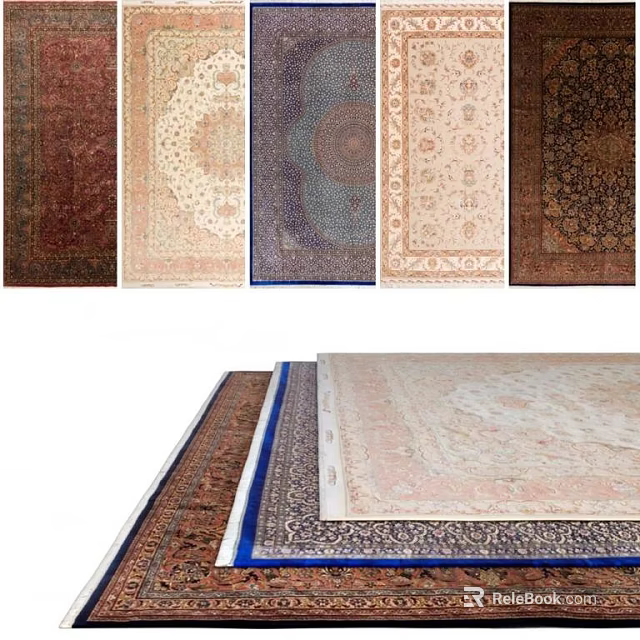 Various Square Rugs With Different Patterns And Colorful Designs In Stacked 3d model
