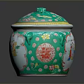 Decorative Ceramic Jar With Green Lid And Colorful Figure Patterns 3d model