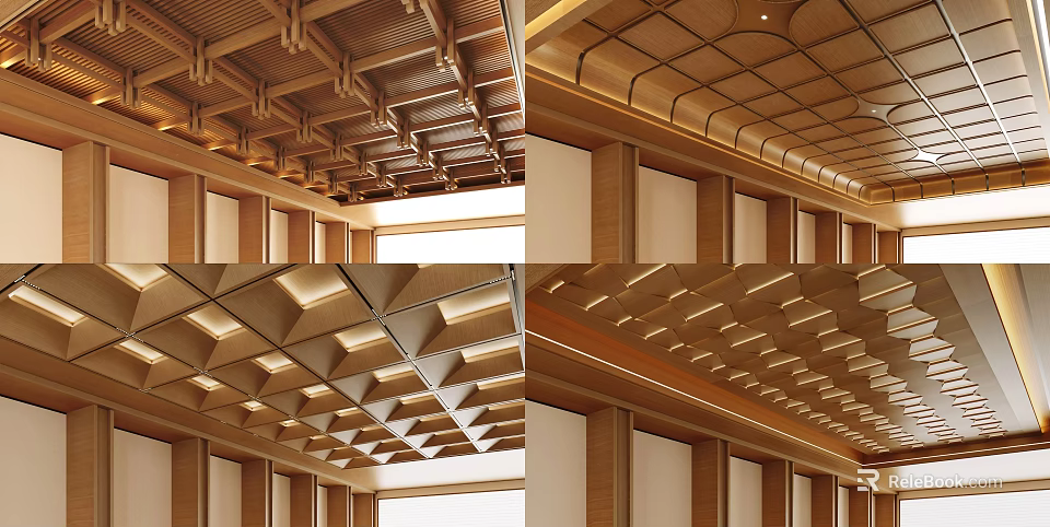 Modern Wooden Ceiling Design With Geometric Grid Panels And Recessed Lighting 3d model 