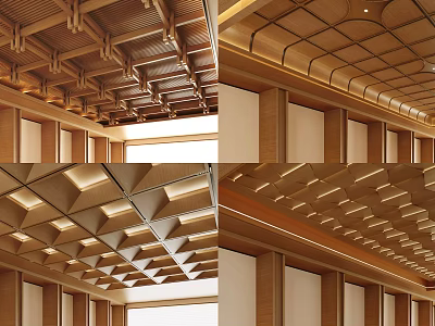 Modern Wooden Ceiling Design With Geometric Grid Panels And Recessed Lighting 3d model
