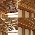 Modern Wooden Ceiling Design With Geometric Grid Panels And Recessed Lighting 3d model
