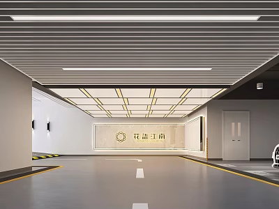 Modern Well lit Parking Garage Interior With Striped Ceiling Parking Lines And Logo Signage 3d model