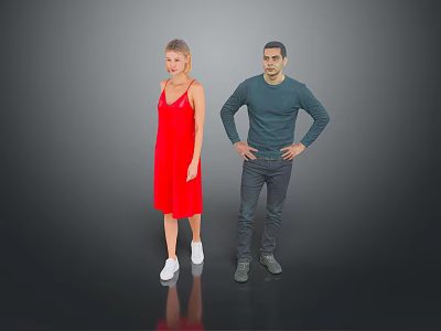 Two People Standing Together in Red Dress and Dark Green Shirt on Gray Background 3d model