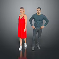 Two People Standing Together in Red Dress and Dark Green Shirt on Gray Background