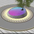 Circular Garden Ornament With Central Tree Pond Blue Tiled Floor And Lighting Accents