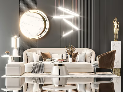 Modern Luxury Sofa and Coffee Table Set With Pillows Art Piece and Elegant Lighting 3d model