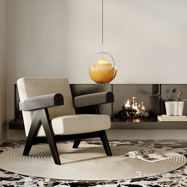 Comfortable Leisure Chair With Gray Armrest Dark Legs By Fireplace And Pendant Light On Rug 3d model 