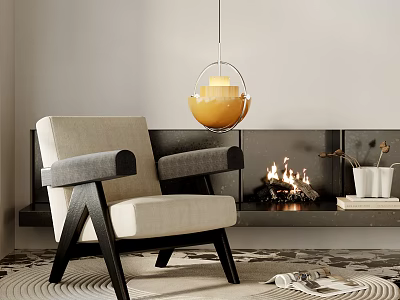 Comfortable Leisure Chair With Gray Armrest Dark Legs By Fireplace And Pendant Light On Rug 3d model