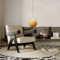 Comfortable Leisure Chair With Gray Armrest Dark Legs By Fireplace And Pendant Light On Rug