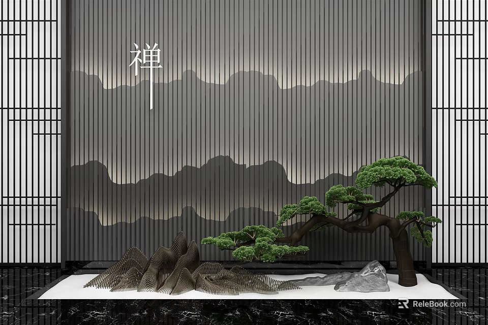 Zen Inspired Garden Ornament With Rock Formations And Pine Tree 3d model