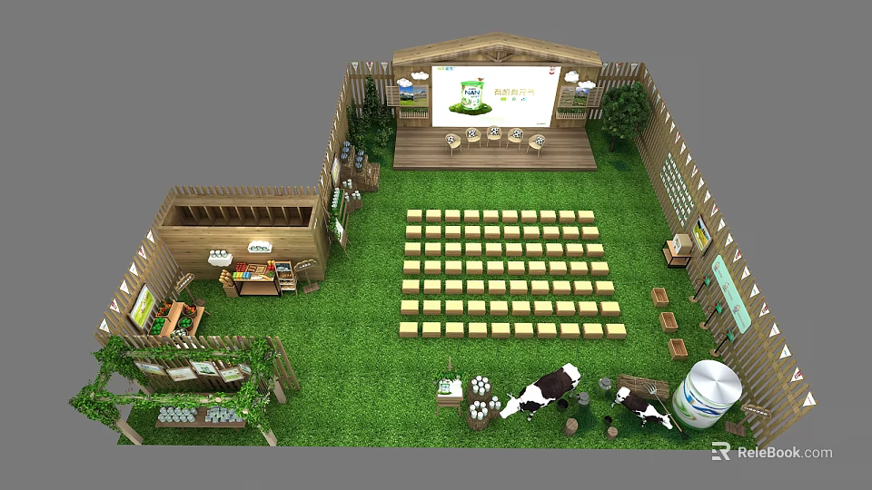 Rural Themed Exhibition Space With Wooden Structure Green Lawn Arranged Seats Large Screen And Cow Models 3d model 
