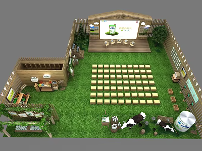 Rural Themed Exhibition Space With Wooden Structure Green Lawn Arranged Seats Large Screen And Cow Models 3d model