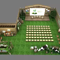 Rural Themed Exhibition Space With Wooden Structure Green Lawn Arranged Seats Large Screen And Cow Models