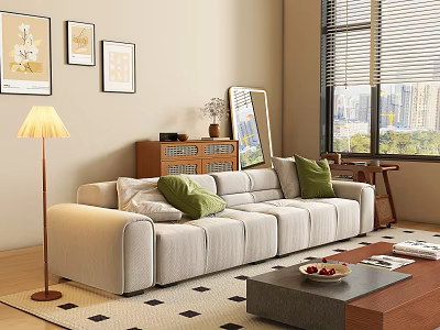 Beige Multi Seater Sofa With Green Cushions Floor Lamp Wall Paintings And Window View 3d model