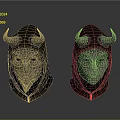 Two Horned Leather Masks With Intricate Metal Carvings And Hooded Design