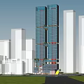 Modern Twin Office Building With Glass Curtain Walls Spiral Staircase And Landscaped Greenery Accents