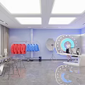 Public Office Space With Blue Walls Astronaut Models Ceiling Lights Moon Mural And Gear Decorations