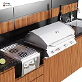 Modern Kitchen Cooking Appliances With Green Grill Sink And Wooden Black Countertop Cabinets