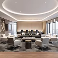 Modern Office Interior Design With Curved Ceiling Gray Sofas Coffee Table And Chairs 3d model