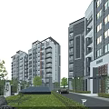 Modern High-Rise Residential Buildings with Balconies Green Landscaping and Road Vehicles