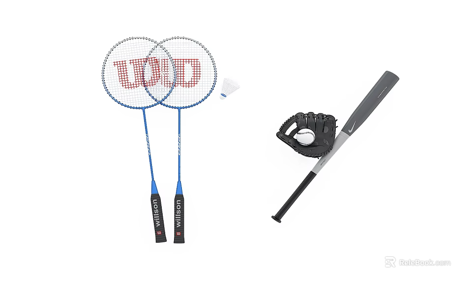 Sports Equipment Including Badminton Rackets Shuttlecock Baseball Glove And Bat 3d model 