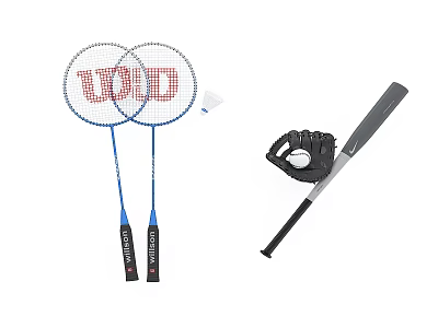 Sports Equipment Including Badminton Rackets Shuttlecock Baseball Glove And Bat 3d model