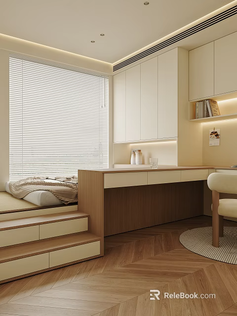 Tatami Bedroom Interior With Window Blinds White Cabinets Wooden Desk Chair Steps And Wooden Flooring 3d model 