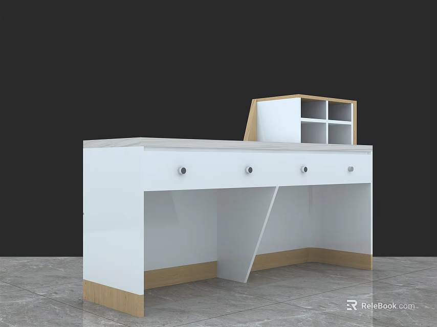 Modern White Reception Desk With Wooden Base Drawers And Shelf Compartments 3d model 