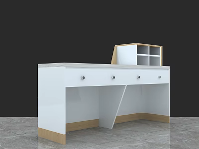Modern White Reception Desk With Wooden Base Drawers And Shelf Compartments 3d model
