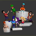 Multiple Cartoon Characters Interacting On White Geometric Blocks With Various Poses