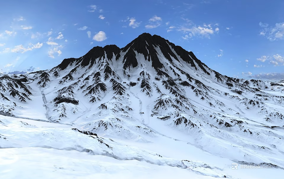 Scenic Snowy Mountain Peak Landscape With Blue Sky And White Clouds 3d model 