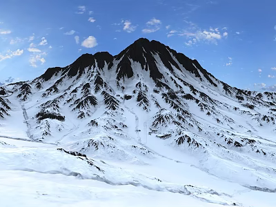 Scenic Snowy Mountain Peak Landscape With Blue Sky And White Clouds 3d model