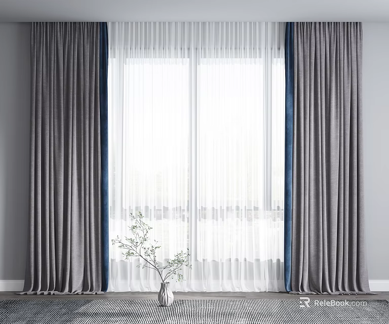 Gray Curtains With White Sheer And Blue Accent For Modern Window Interior Decor 3d model 