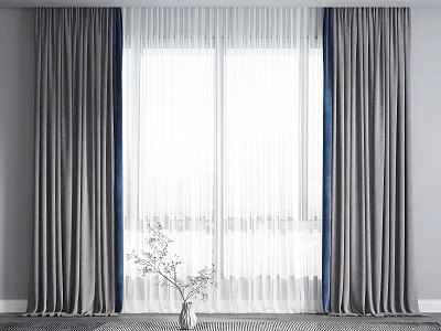 Gray Curtains With White Sheer And Blue Accent For Modern Window Interior Decor 3d model