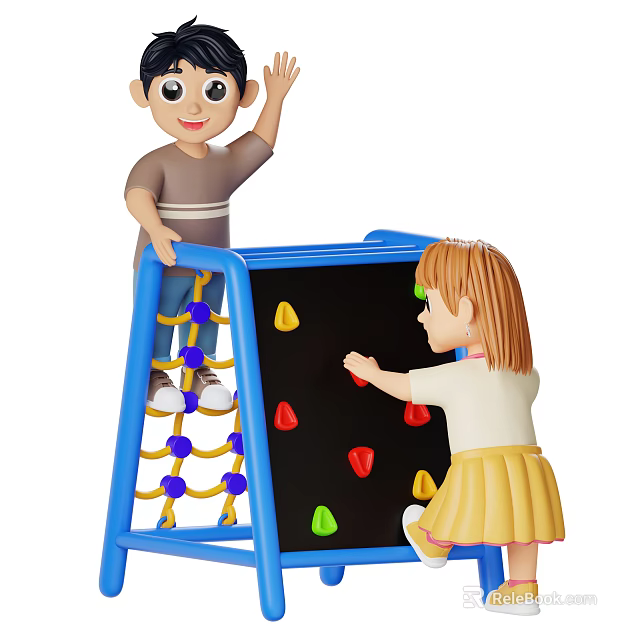 Game Movie Characters Boy Girl Playing on Blue Climbing Frame With Colored Rocks Rope Net 3d model 