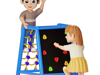 Game Movie Characters Boy Girl Playing on Blue Climbing Frame With Colored Rocks Rope Net 3d model