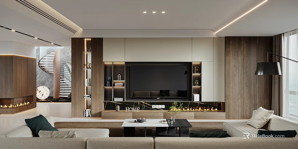 Modern Living Room Interior Design With TV Wall Sofa Coffee Table And Fireplace 3d model 