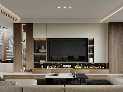 Modern Living Room Interior Design With TV Wall Sofa Coffee Table And Fireplace 3d model