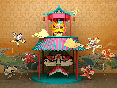 Traditional Themed Photo Check In Spot With Pagoda Lion Dance Head And Colorful Kites 3d model