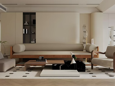 Modern Living Room Interior With Beige Sofa Wooden Coffee Table And Patterned Rug 3d model
