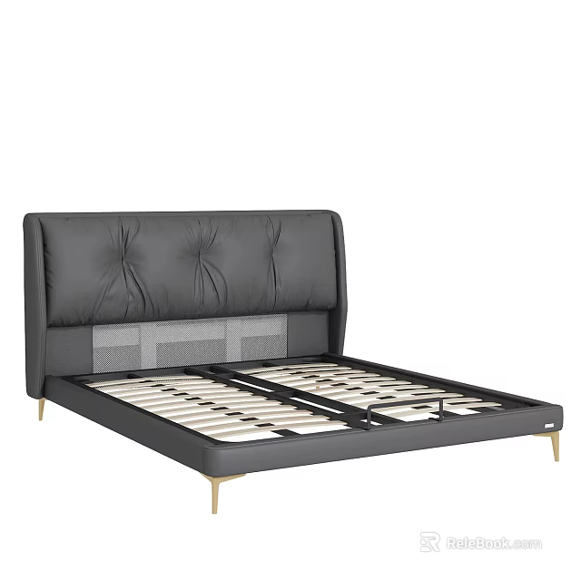 Modern Double Bed With Upholstered Leather Headboard Tufted Details And Gold Metal Legs 3d model 