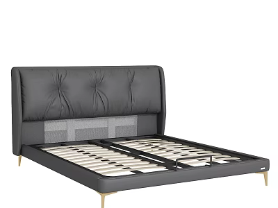 Modern Double Bed With Upholstered Leather Headboard Tufted Details And Gold Metal Legs 3d model